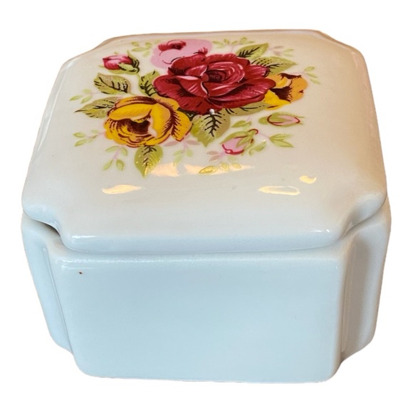 Other - Vintage Porcelain trinket box with lid red yellow and pink roses EUC 2.5” x 1”